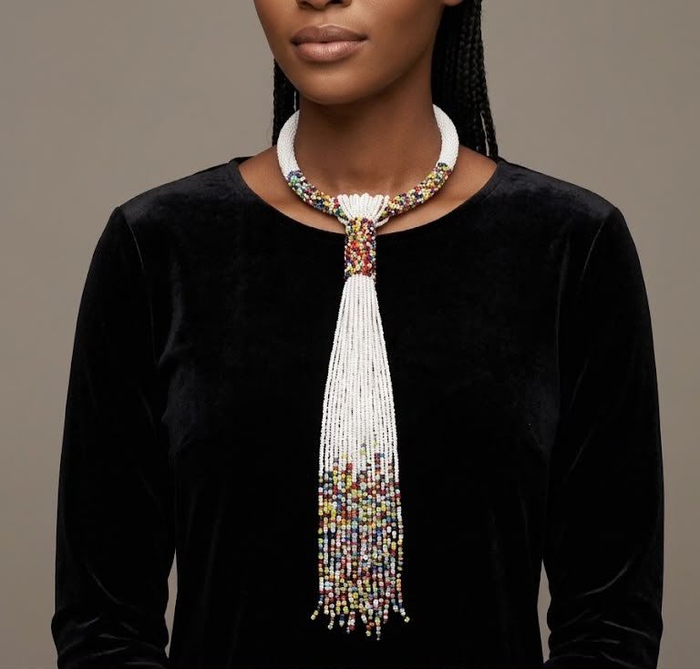 Collier artisanal en perles multicolores à dominante blanche