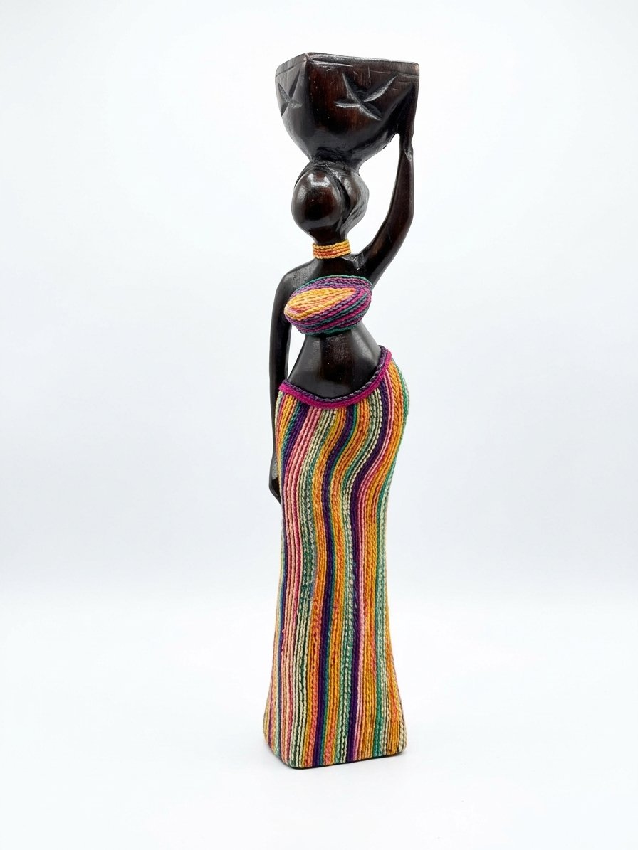 Statue Femme Africaine Élancée – Habillage Raffia Multicolore