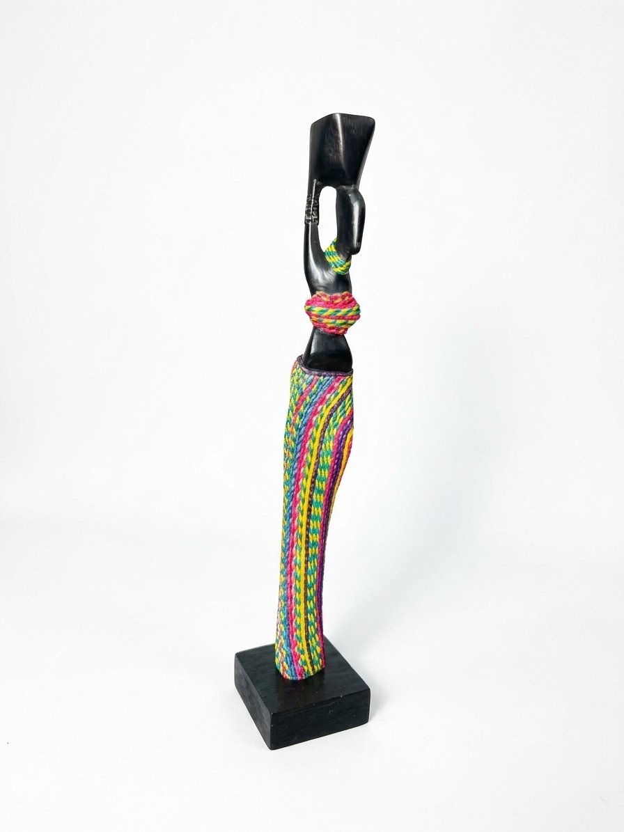 Statuette Femme Africaine en Bois et Raffia Tressé